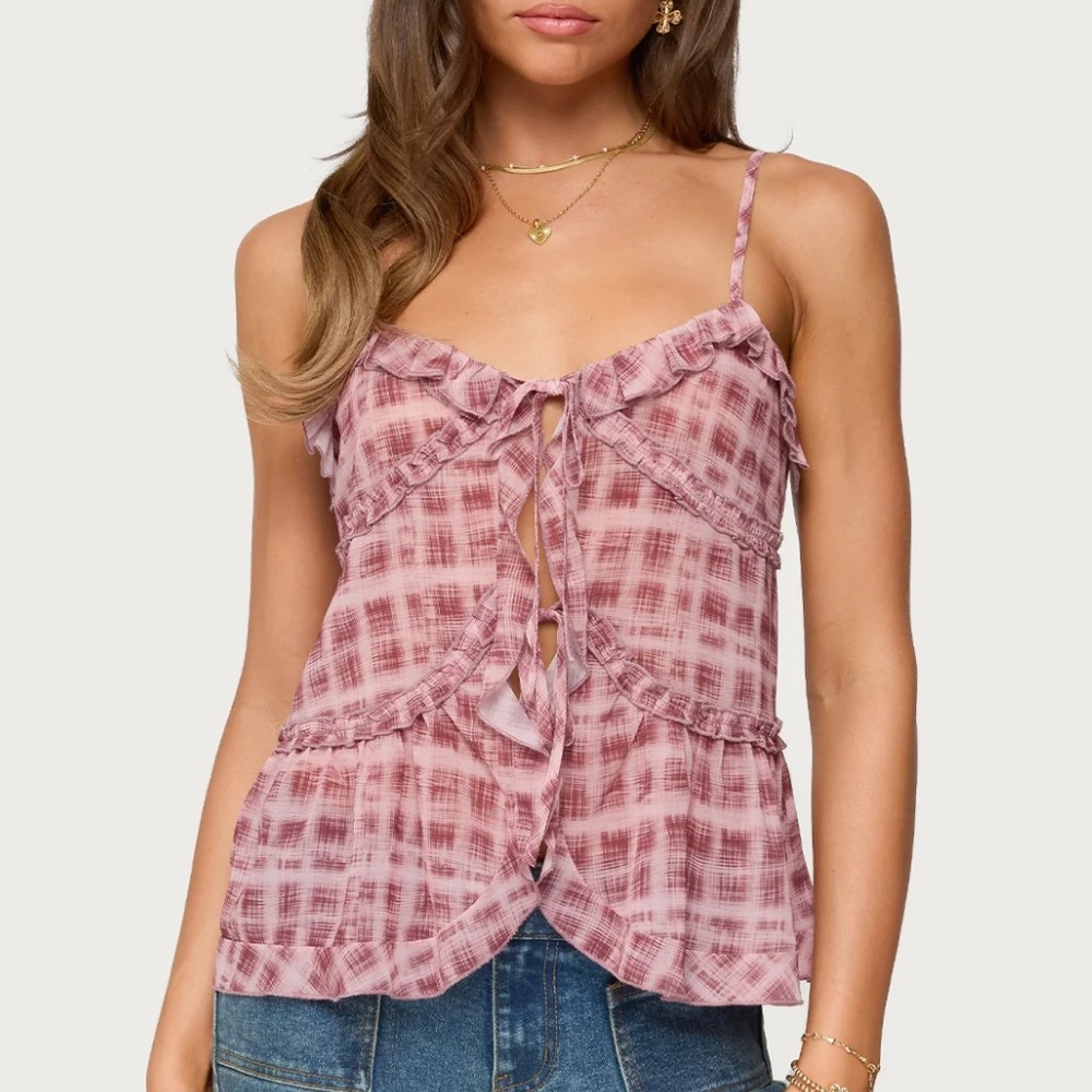 NWT EDIKTED Pink Plaid Tie-Front Ruffle Tank Top